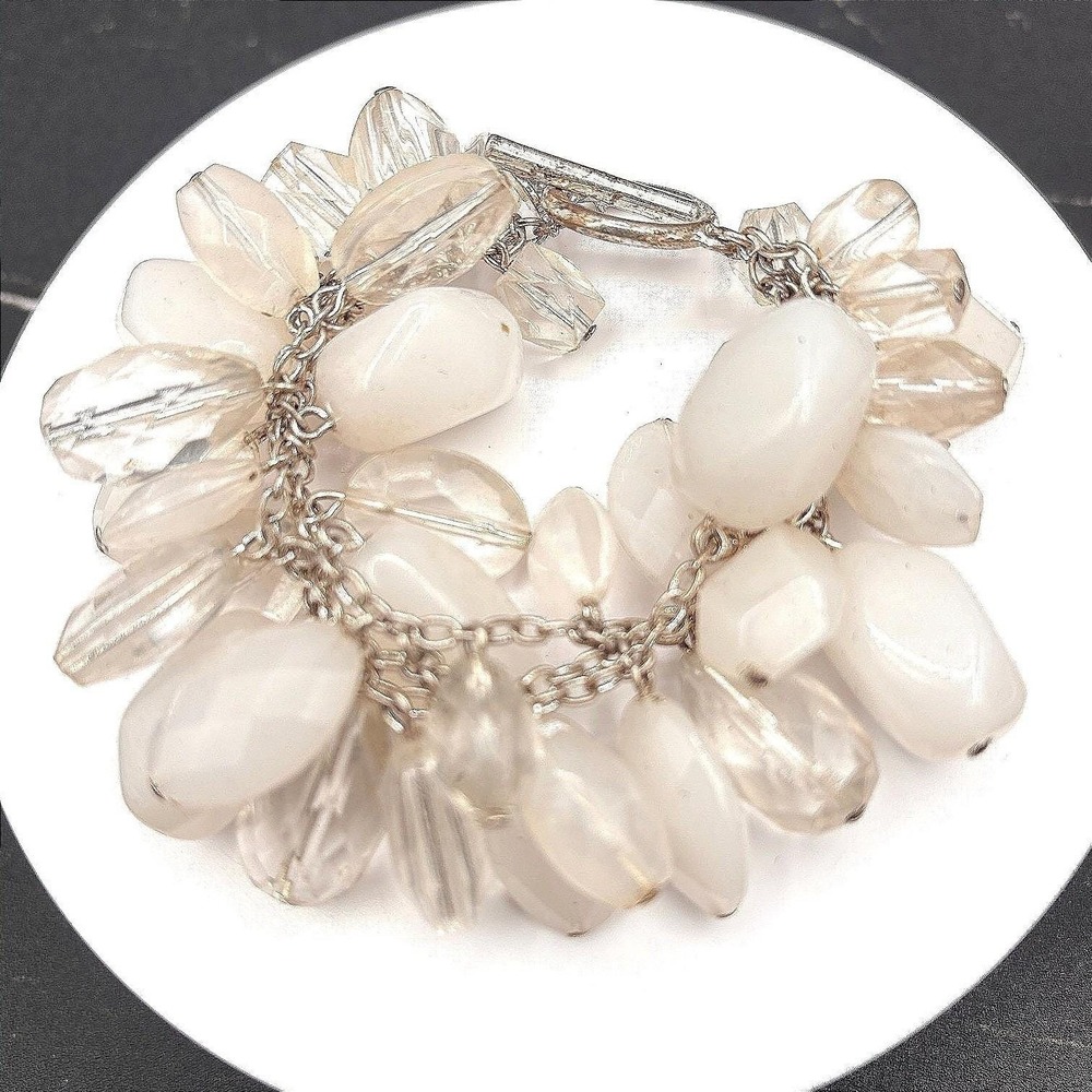 VTG 60s Beaded Charm Bracelet White Clear Acrylic Statement Toggle Jewelry